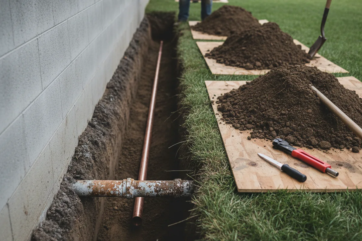 Excavated water line trench during Water Heater Repair in South Orange